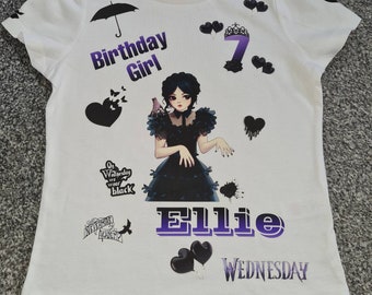 Girls Birthday Top t shirt personalised customised Wednesday Addams inspired party all sizes available