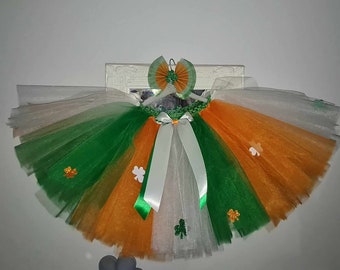 Girls tutu puffy layered St Patricks day inspired irish celebrations party clothing handmade shamrocks Ireland patriotic