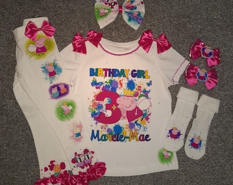 Girls birthday outfit set peppa  theme inspired party clothing handmade matching t shirt personalised socks hairbows