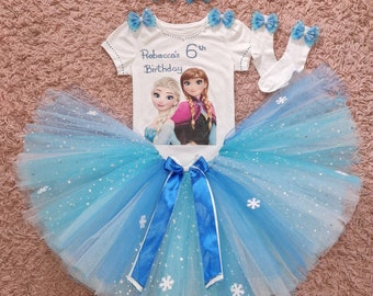 Girls personalised birthday outfit Tutu dress skirt Elsa Anna Frozen Inspired Puffy snowflakes blue white layered