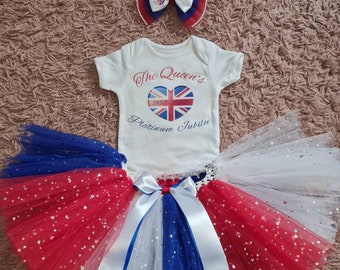 Platinum jubilee tutu outfit queen elizabeth union jack patriotic red white navy blue handmade girls party clothing