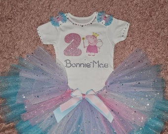 Girls personalised birthday outfit inspired handmade puffy tutu layered matching bows socks