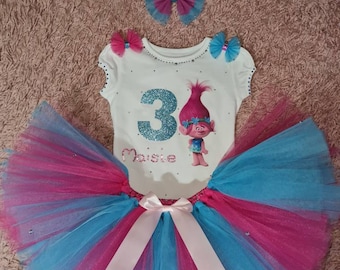 Girls Birthday Personalised tutu costume outfit puffy trolls inspired poppy trolls pink blue customised handmade party photoshoot