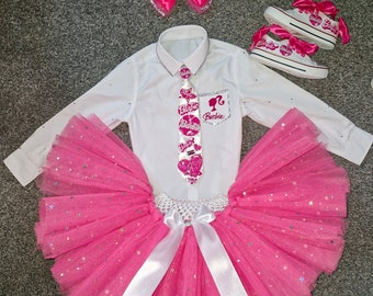 Girls Birthday Outfit Barbie Inspired pink sparkly puffy layered tutu skirt party clothing handmade hairbow