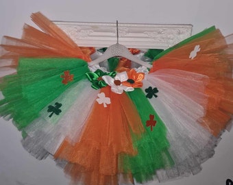 Girls tutu puffy layered St Patricks day inspired irish celebrations party clothing handmade shamrocks Ireland patriotic