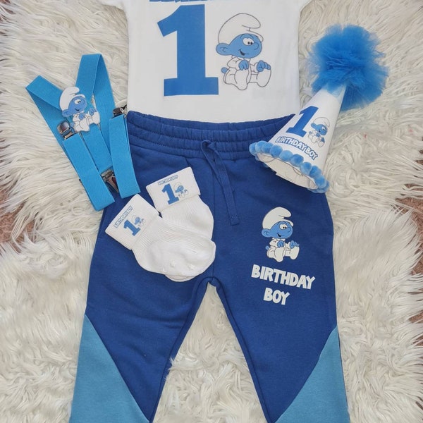 Boys 1st birthday outfit cake smash session photography photoshoot personalised customised blue white smurfs inspired cute comfy hat