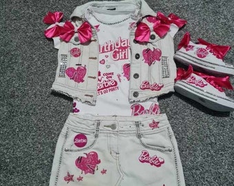 Girls Barbie birthday set outfit personalised pink denim skirt gillet top t shirt party clothing