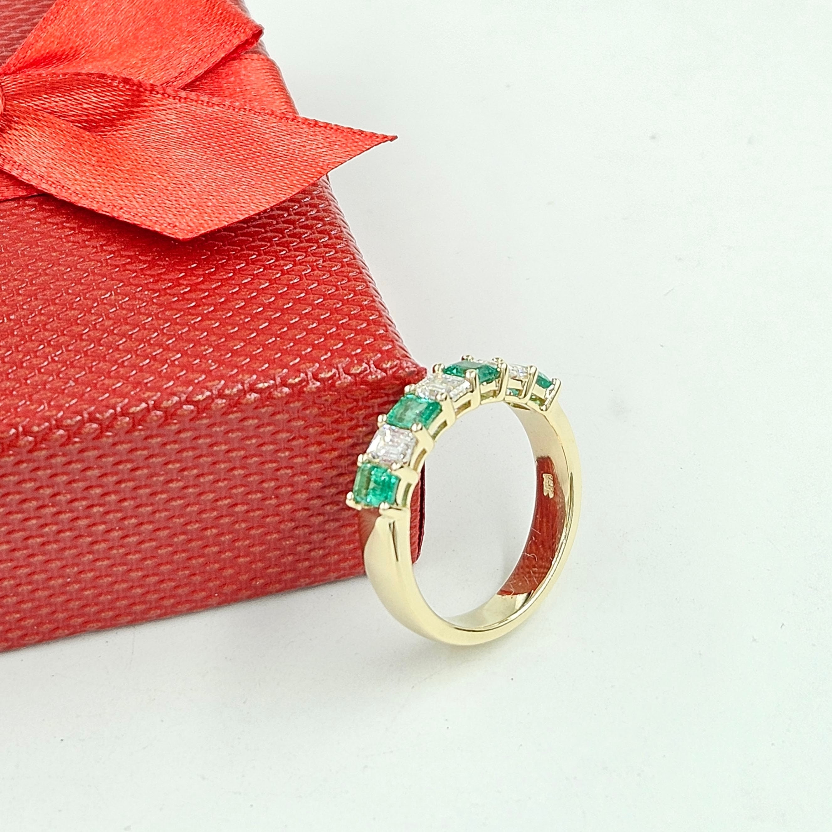 1.5ct Natural Green Emerald & Emerald Cut Diamond Ring /Half Eternity Width 4.8mm Wedding Ring / Anniversary giftthumbnail