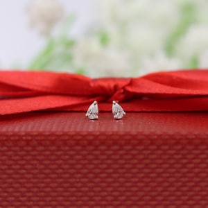 Pear Diamond Stud Earrings: 14K Gold, Three Prong Solitaire