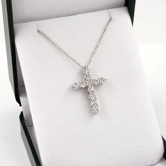 1.5カラットラウンド天然ダイヤモンドクロスネックレス：プラチナ、14K 