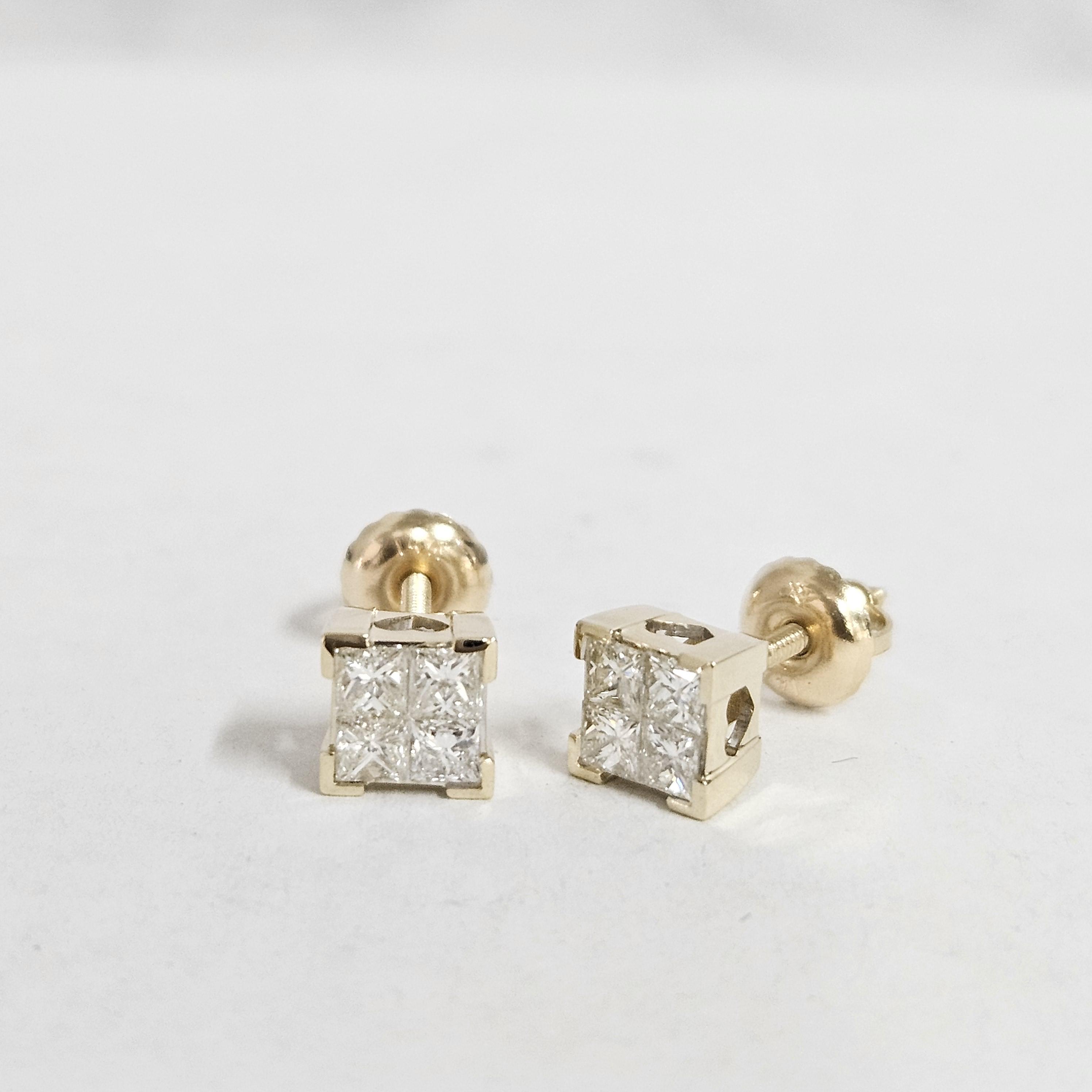 プリンセスカット天然ダイヤモンドスタッドピアス：14Kゴールド 
