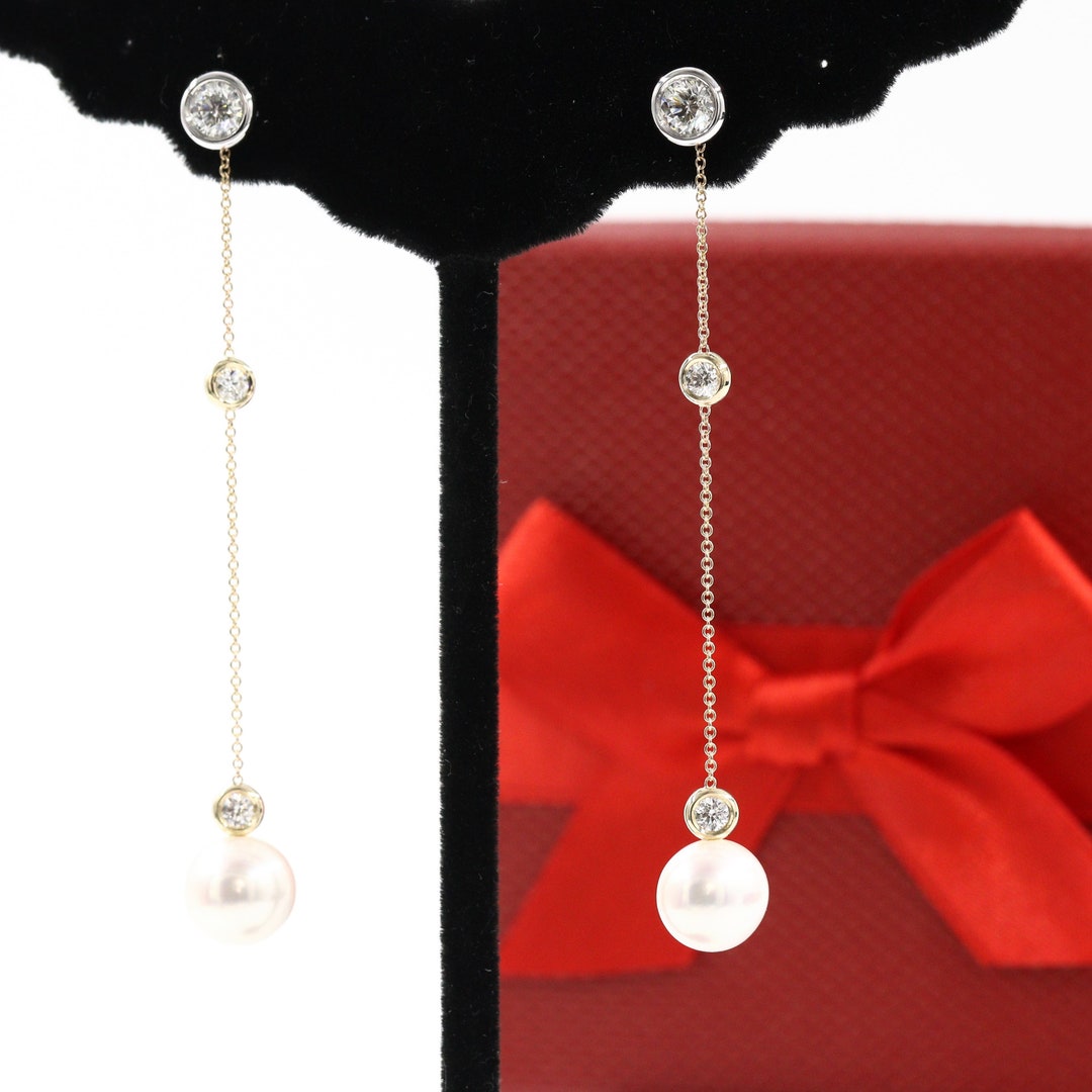 Pearl & Two Diamonds Drop Chain Jackets pair/diamond Dangle 14K Solid