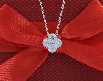 Natural Diamond Clover Pendant/Small Clover Charm Necklace/Diamond Necklace/Solid 14K and 18K Gold/Diamond Cluster Necklace/Anniversary Gift