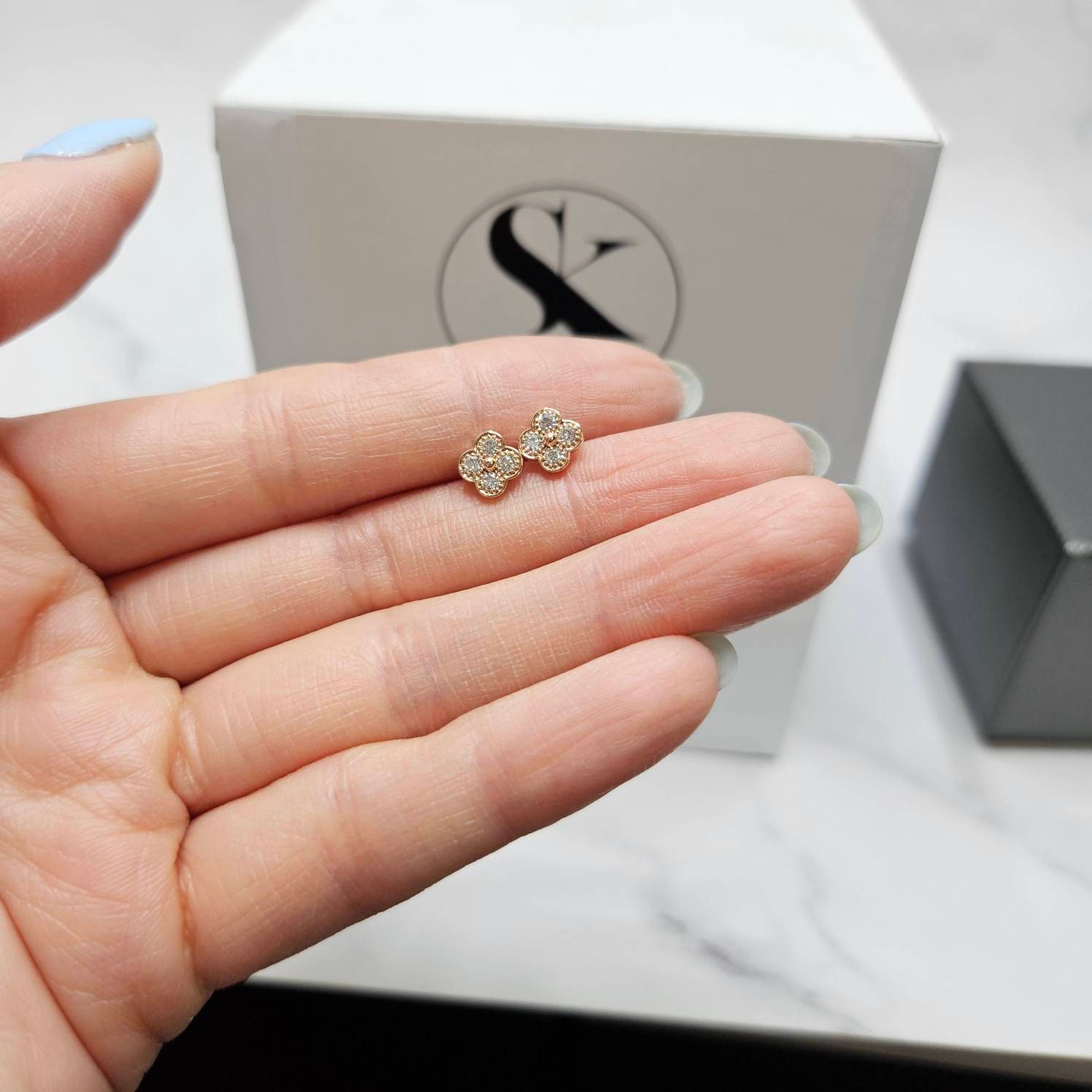 Diamond Clover Earrings/14k ,18K Gold 6.9mm Clover Classic