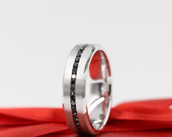 Handmade 14K Gold Black Diamond Wedding Band - 7mm Domed Ring