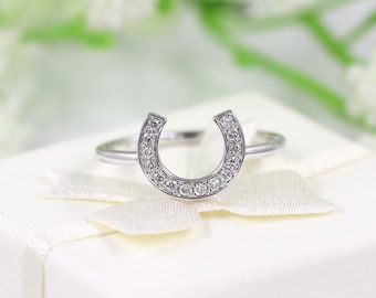 Horse shoe Natural Diamond Ring /Unique Band/14K Solid Gold Diamond Horse shoe Ring/Anniversary Gift