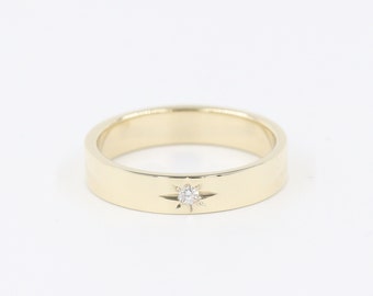 Polaris Star Diamond Ring/ 1 Star Diamond Ring/ 1 Star Diamond Wedding Ring/ 14K Star Flat Ring/ 14K Polaris Ring/ Width 4mm