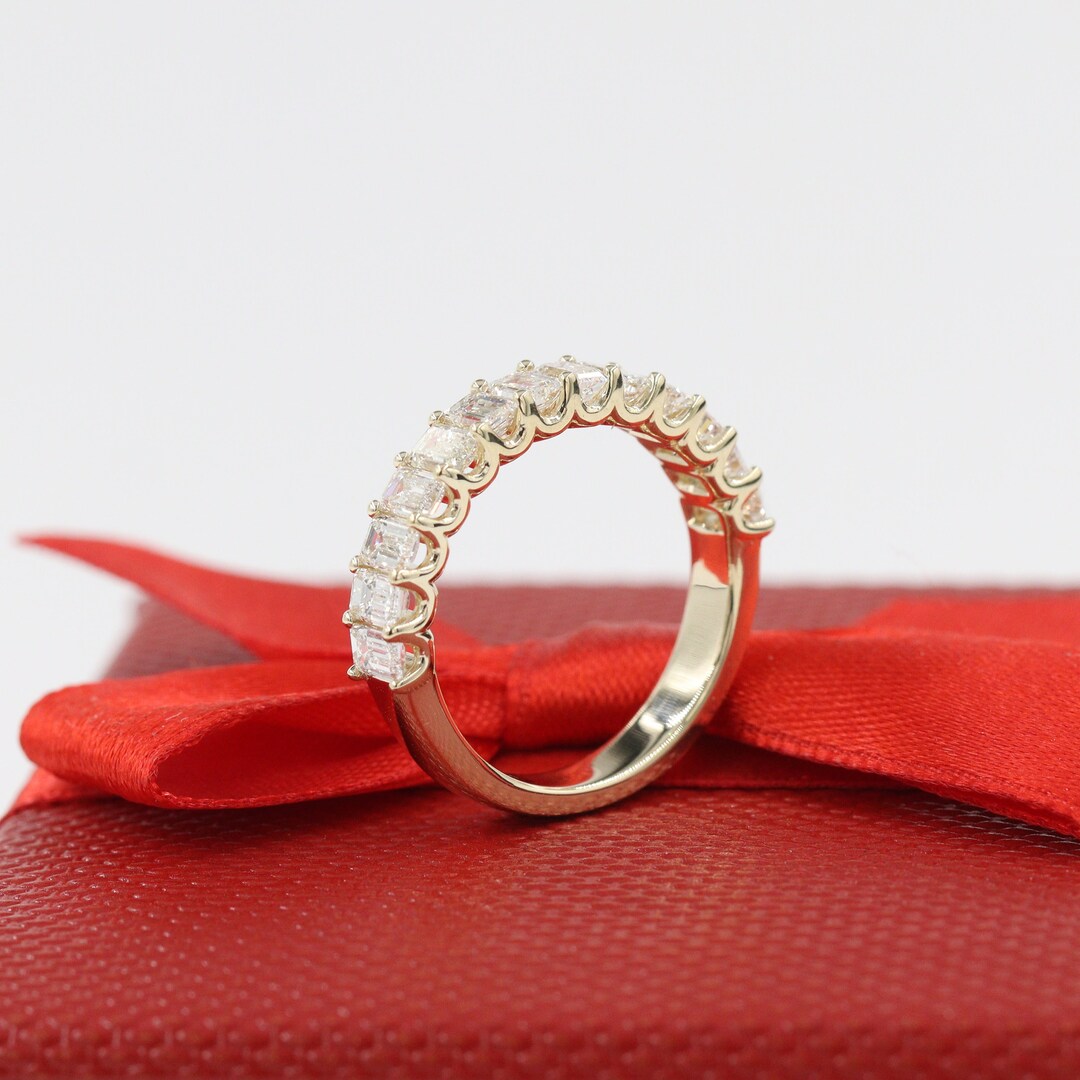 2ct Emerald Cut 13 Diamonds Wedding Band/ Natural Diamond Emerald Cut Ring/ Half Eternity Ring