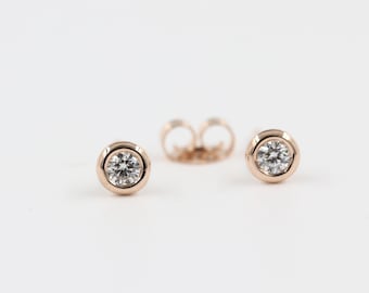 Natural Diamond Bezel Set Stud Earrings/14K gold Diamond Solitaire Stud Earrings/Bridesmaid Wedding Gift/Single or Pair/Anniversary gift