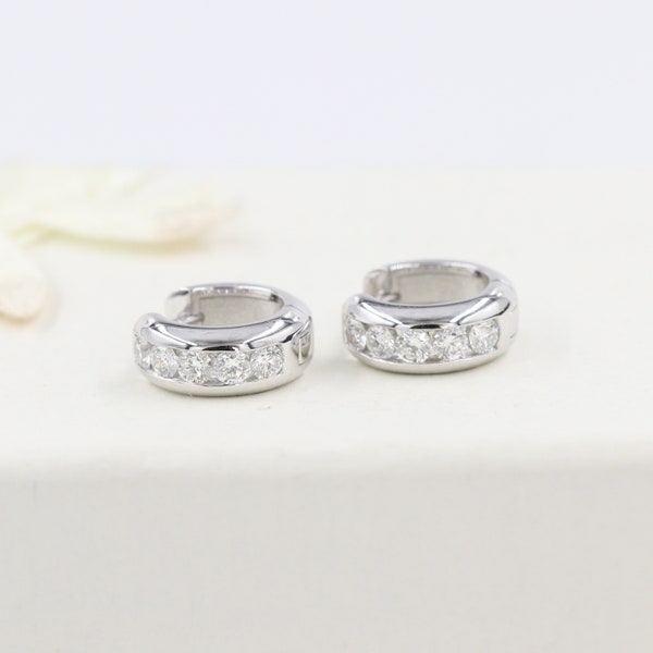Natural Diamond Hoop Earrings / Diameter 11mm Width 4.5mm Earrings / 14k Gold Diamond Huggie Hoops / Anniversary gift