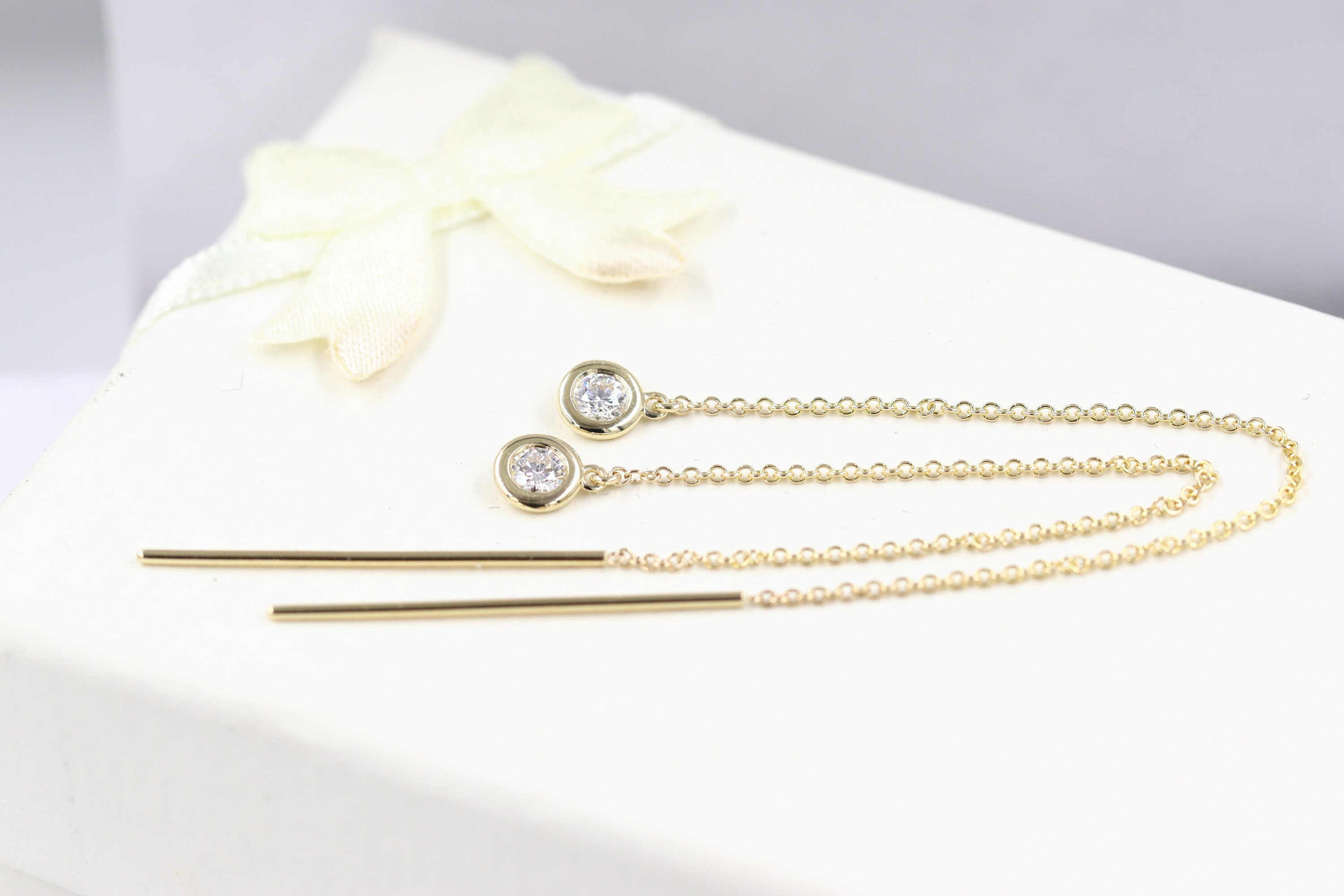 Handmade 14K Gold Natural Diamond Drop Earrings: Bezel Set Dangle