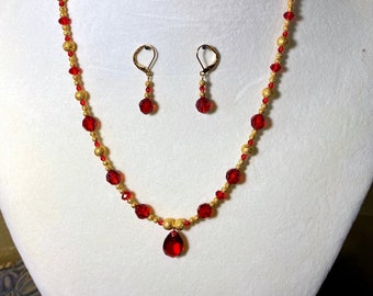 Red and Gold Necklace with Pendant and Earrings