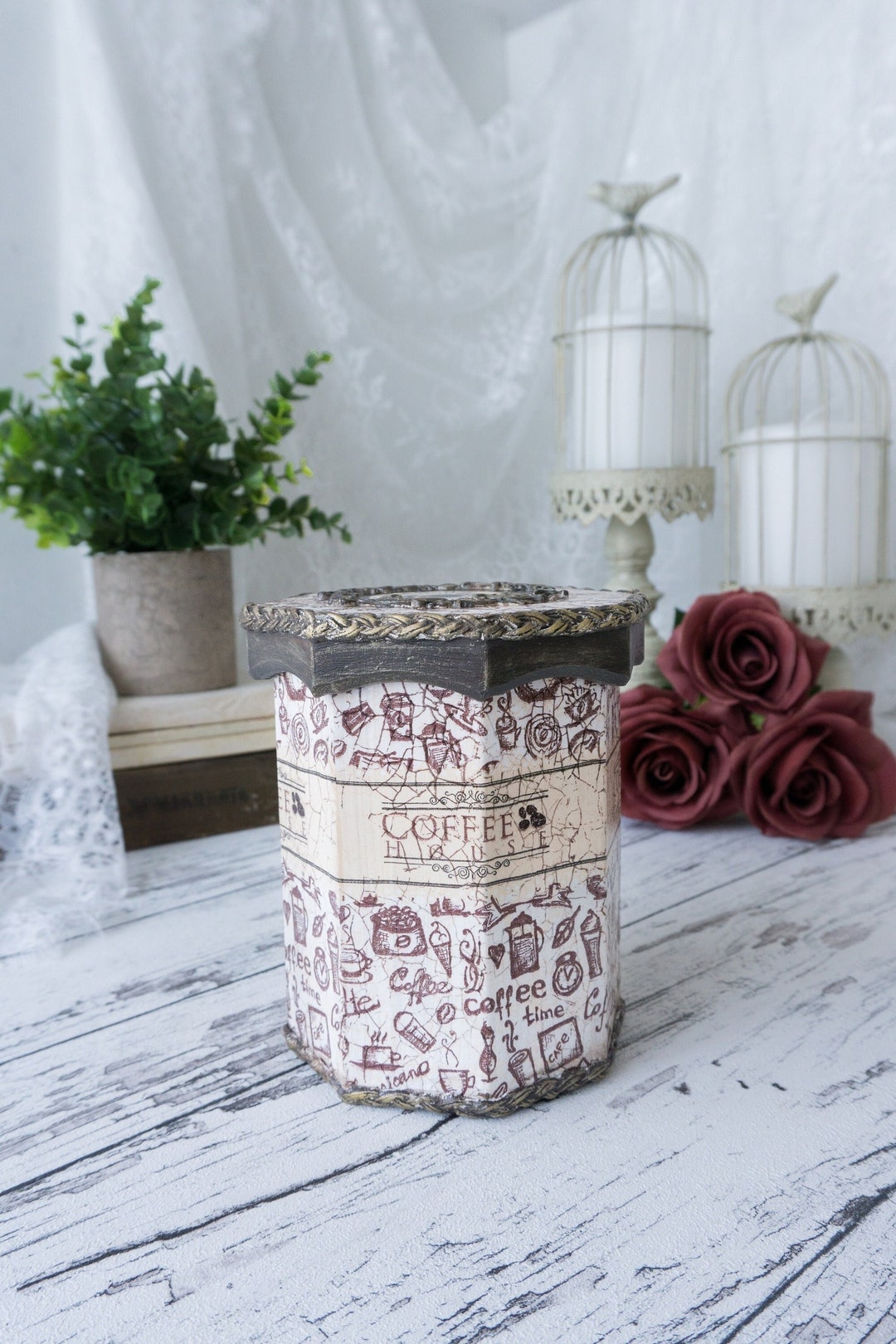 Vintage Coffee Canister Wooden Hexagon Shaped Coffee Beans Container Tea Coffee Sugar Storage