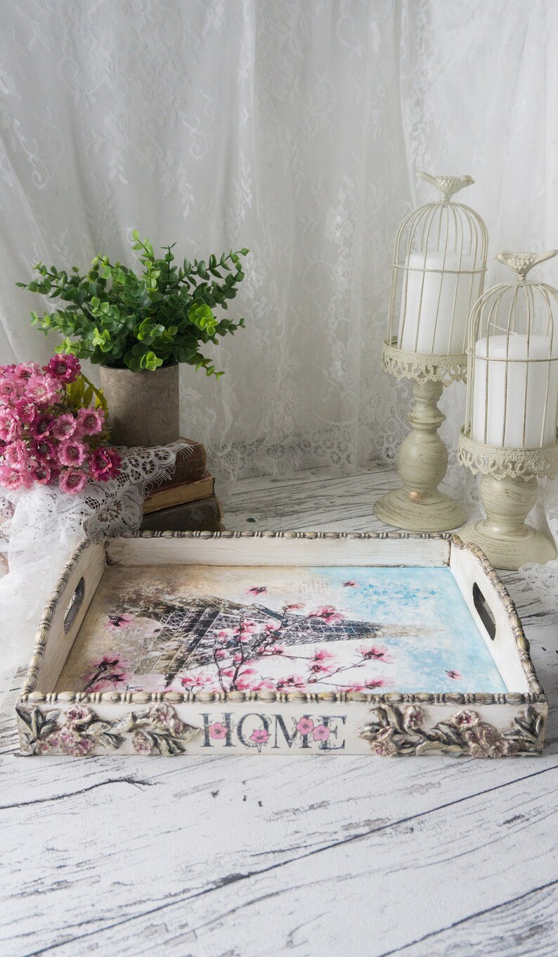 Decoupaged Wooden Serving Tray | Shabby Chic Eiffel Tower Decor - Etsy