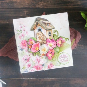 Biglietto di auguri in carta fatta a mano in 3D/Biglietto regalo di San Valentino con fiocco di nastro per lei; Biglietto di compleanno con fiori di carta lavorati a mano, biglietto di congratulazioni per tutte le occasioni
