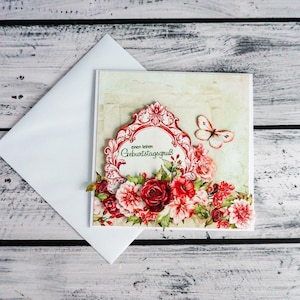 Tarjeta de felicitación de papel 3D hecha a mano / Tarjeta de regalo de San Valentín con lazo de cinta para ella; Tarjeta de cumpleaños con flores de papel hechas a mano, Tarjeta de felicitación para toda ocasión