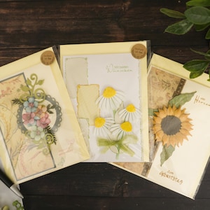 3D-wenskaartenset van handgeschept papier| Lint gefeliciteerd verjaardagskaart| Verjaardagskaart met ambachtelijke papieren bloemen, felicitatiekaart voor alle gelegenheden