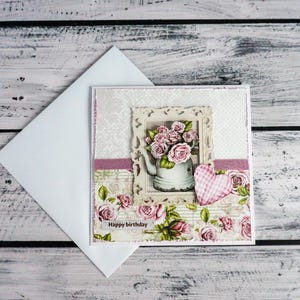 3D-wenskaart van handgeschept papier | Valentijnscadeaubon met strik voor haar | Verjaardagskaart met ambachtelijke bloemen | Felicitatiekaart voor alle gelegenheden