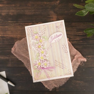 Carte de voeux 3D en papier fait main | Carte de félicitations avec noeud de ruban pour elle | Carte d'anniversaire de fleurs en papier fabriquées en papier, carte de félicitations pour toutes les occasions