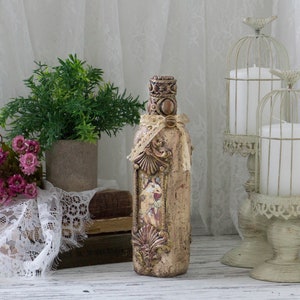 Vintage decorative bottle| Rustic centerpiece| Glass bottle| Upcycled home decor | Housewarming gift | Shelf decoration | Handmade gift idea