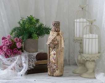 Decoupaged glasflaska | Rustik återvunnen bordsdekoration (28,5x7,5)