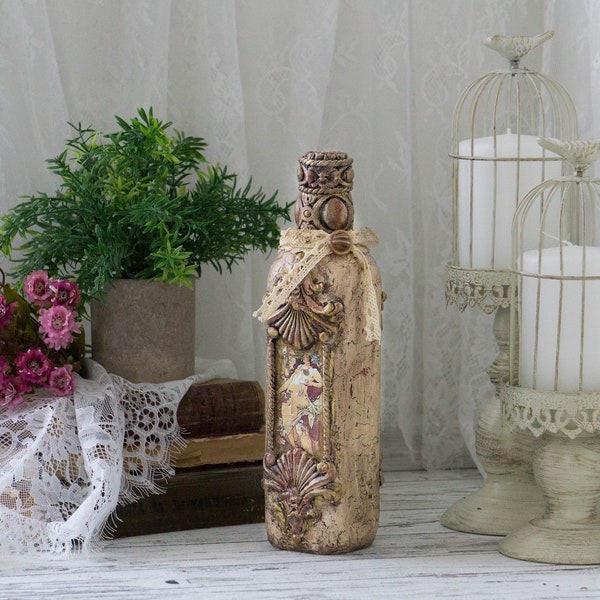 Vintage decorative bottle| Rustic centerpiece| Glass bottle| Upcycled home decor | Housewarming gift | Shelf decoration | Handmade gift idea