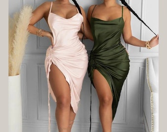 Ruched Satin Dress/Summer Dress/Women's Satin Dress/Club Party Outfits for Women/Sleeveless Dress/Cowl Neck Long Dress/Party Dresses