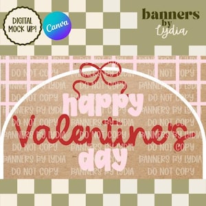 May include: A digital mock-up banner design for Valentine's Day. The design features the words "Happy Valentine's Day" in pink and red, with a bow graphic. The background has a grid pattern and the text "Banners by Lydia".