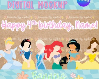 Può includere: Un mockup di banner digitale con il testo "Happy 4th birthday, Name!" sopra sei personaggi di principesse illustrati con abiti di vari colori. Lo sfondo è una texture marrone chiaro con un bordo a scacchi blu e bianco.