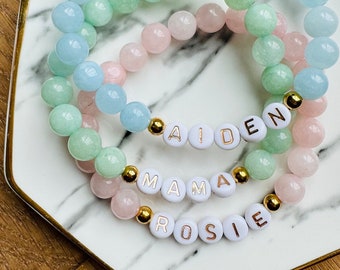 Pulseras de cuentas con nombre personalizado en tonos pastel, pulsera con nombre personalizado, pulsera con palabra personalizada, regalos para ella, pulseras de Pascua, Día de la Madre