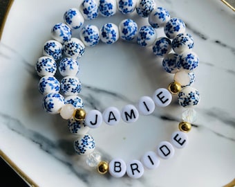 Personalized Blue Floral Name Beaded Bracelet, Custom Name Bracelet, Custom Word Bracelet, Mother&#39;s Day Gifts, Gifts for Her
