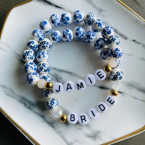 Personalized Blue Floral Name Beaded Bracelet, Custom Name Bracelet, Custom Word Bracelet, Mother's Day Gifts, Gifts for Her