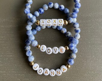 Personalized Blue White Sodalite Natural Stone Beaded Bracelet with Gold Lettering, Personalized Bracelets, Beaded Jewelry, Name Bracelets