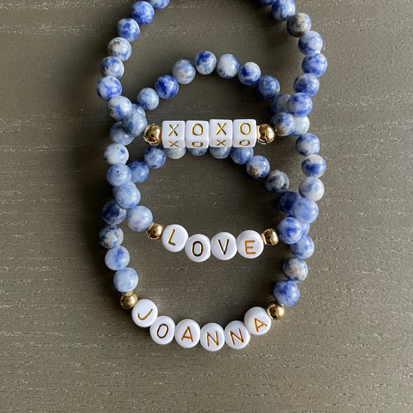 Personalized Blue White Sodalite Natural Stone Beaded Bracelet with Gold Lettering, Personalized Bracelets, Beaded Jewelry, Name Bracelets