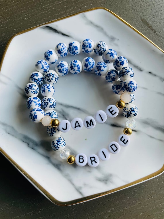Personalized Blue Floral Name Beaded Bracelet, Custom Name Bracelet, Custom Word Bracelet, Mother's Day Gifts, Gifts for Her