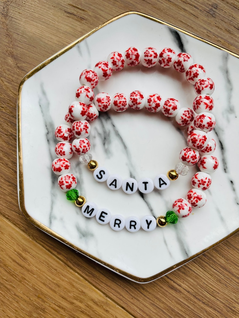 Red Floral Beaded Bracelet, Custom Word Beaded Bracelets