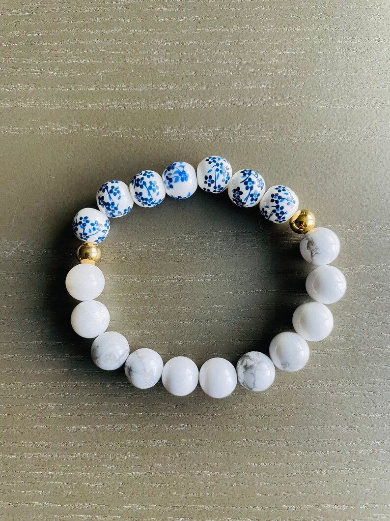 Blue Floral Beaded Bracelet, Custom Word Beaded Bracelets