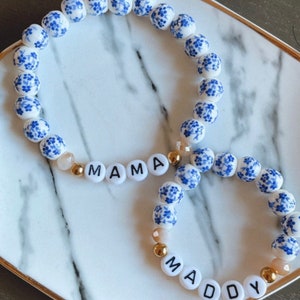 Blue Floral Beaded Bracelet, Custom Word Beaded Bracelets