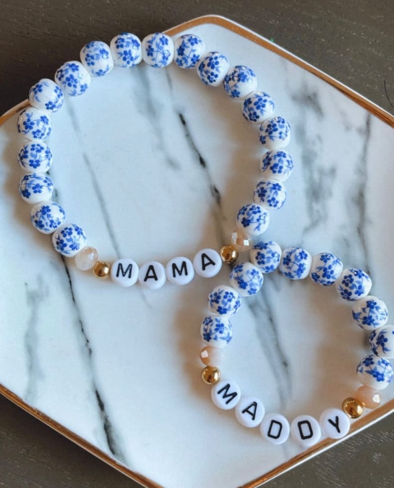 Blue Floral Beaded Bracelet, Custom Word Beaded Bracelets