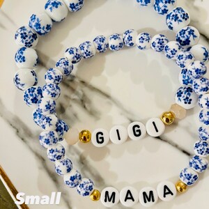 Blue Floral Beaded Bracelet, Custom Word Beaded Bracelets